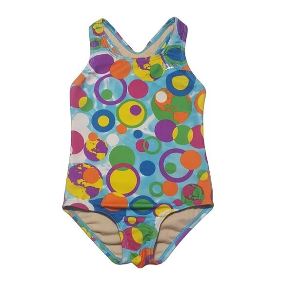 Speedo girls' bubble circles earth print racerback swimsuit - Picture 1 of 10